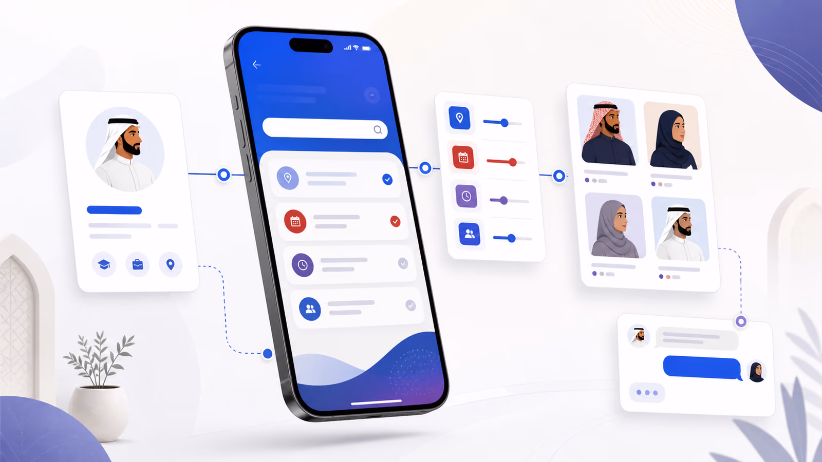 تصميم يوضح تطبيق بديل مع ملف المستخدم والرغبة والمطابقة والتواصل بين الأطراف